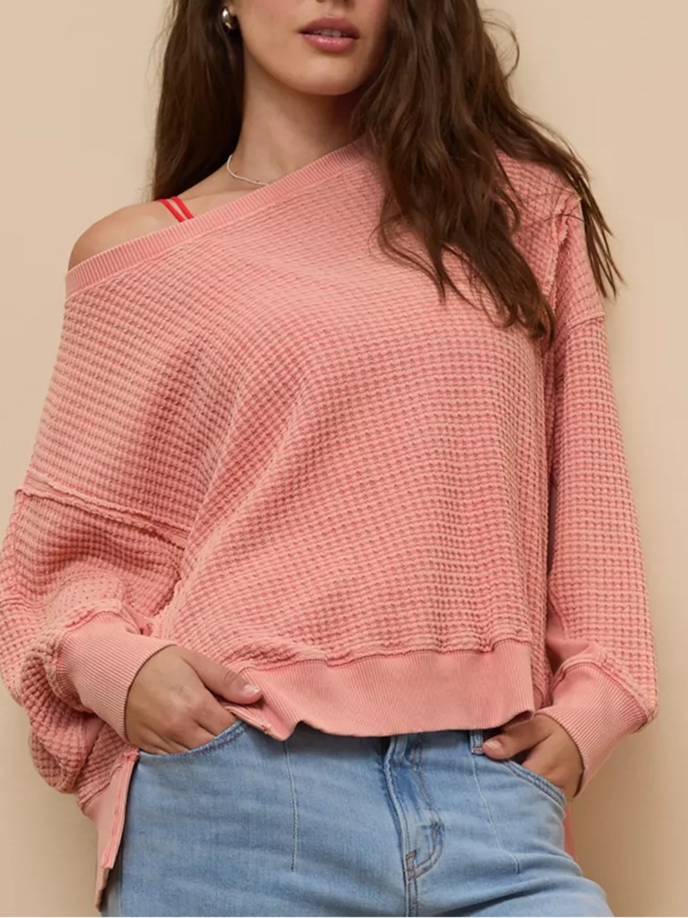 American Eagle Outfitters Coral Pink Off-Shoulder Waffle Top